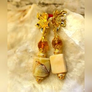 Yellow Opal Large & Natural Citrine In Flower Gold Plated Earrings